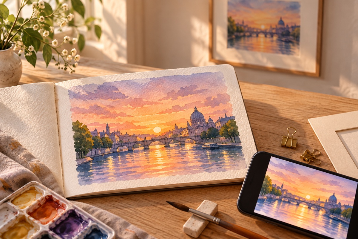 Finished watercolor in a sketchbook beside a phone showing the painting and a framed copy in the background.