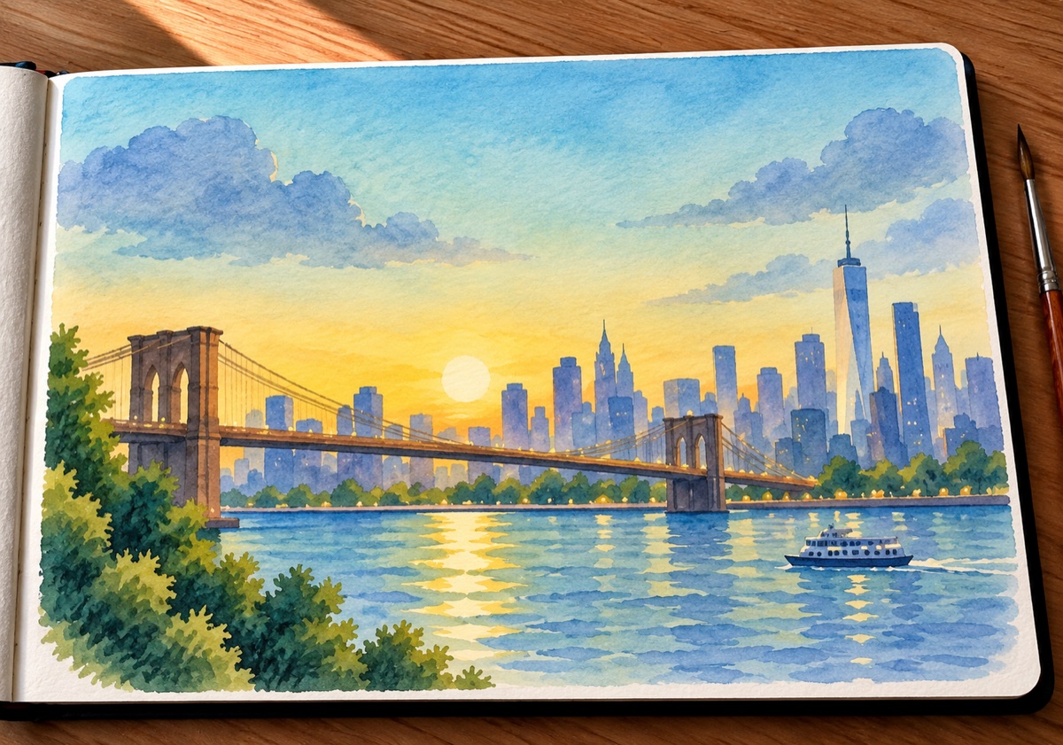 New York sunset watercolor in a sketchbook, with the Brooklyn Bridge, Manhattan skyline, and a boat on the river.