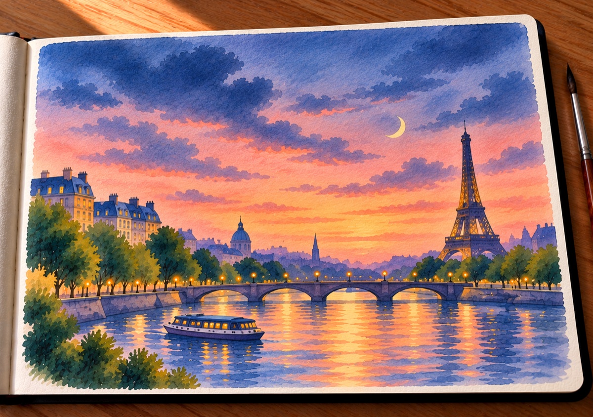 Paris twilight watercolor in a sketchbook, with the Eiffel Tower, a crescent moon, a stone bridge, and a boat on the Seine.