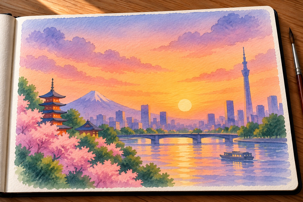 Imagined Tokyo sunset watercolor in a sketchbook, with cherry blossoms, a pagoda, Mount Fuji, and Tokyo Skytree.