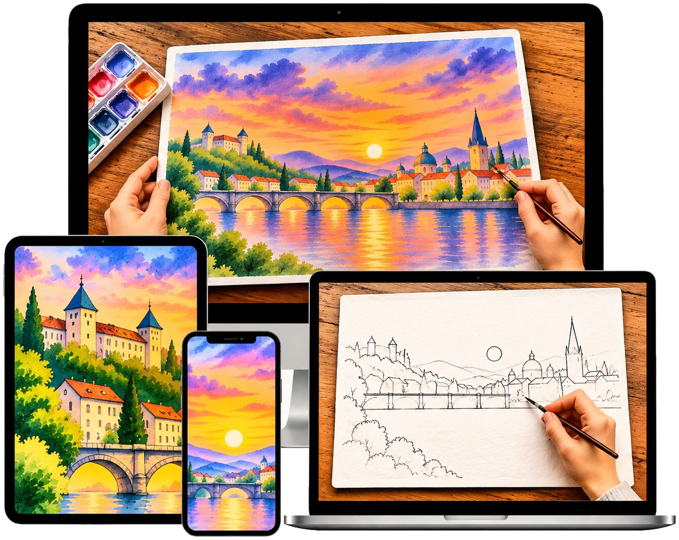 A sunset watercolor skyline being painted, plus its pencil sketch and detail views, shown across a desktop, laptop, tablet, and phone. Devices are illustrative; the course is digital.