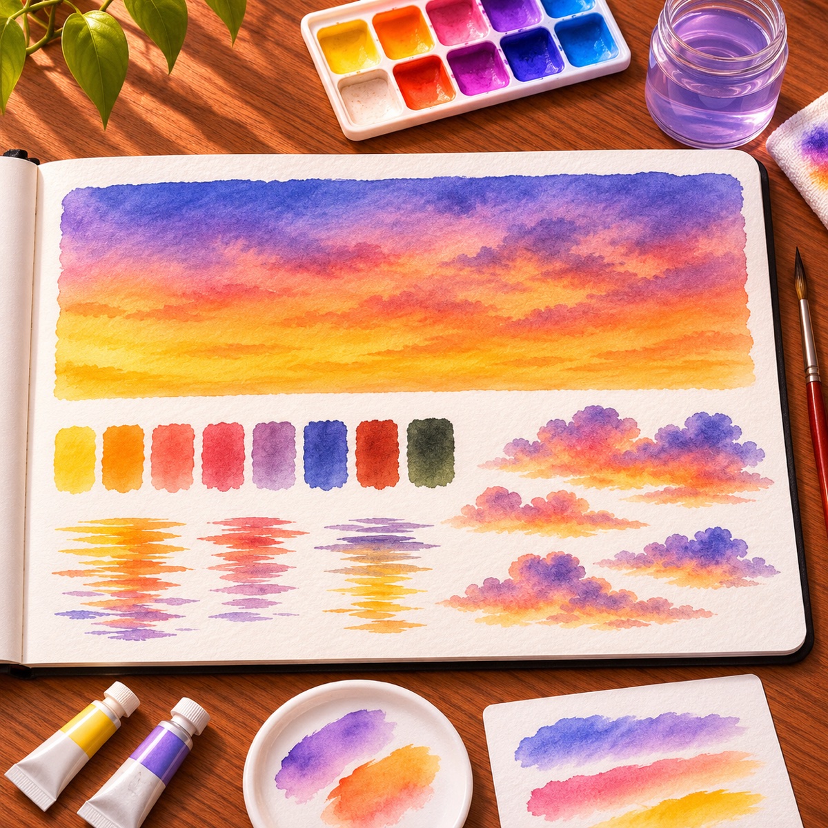 Watercolor practice page with a sunset gradient, color swatches, cloud studies, and reflection strokes beside a paint palette.