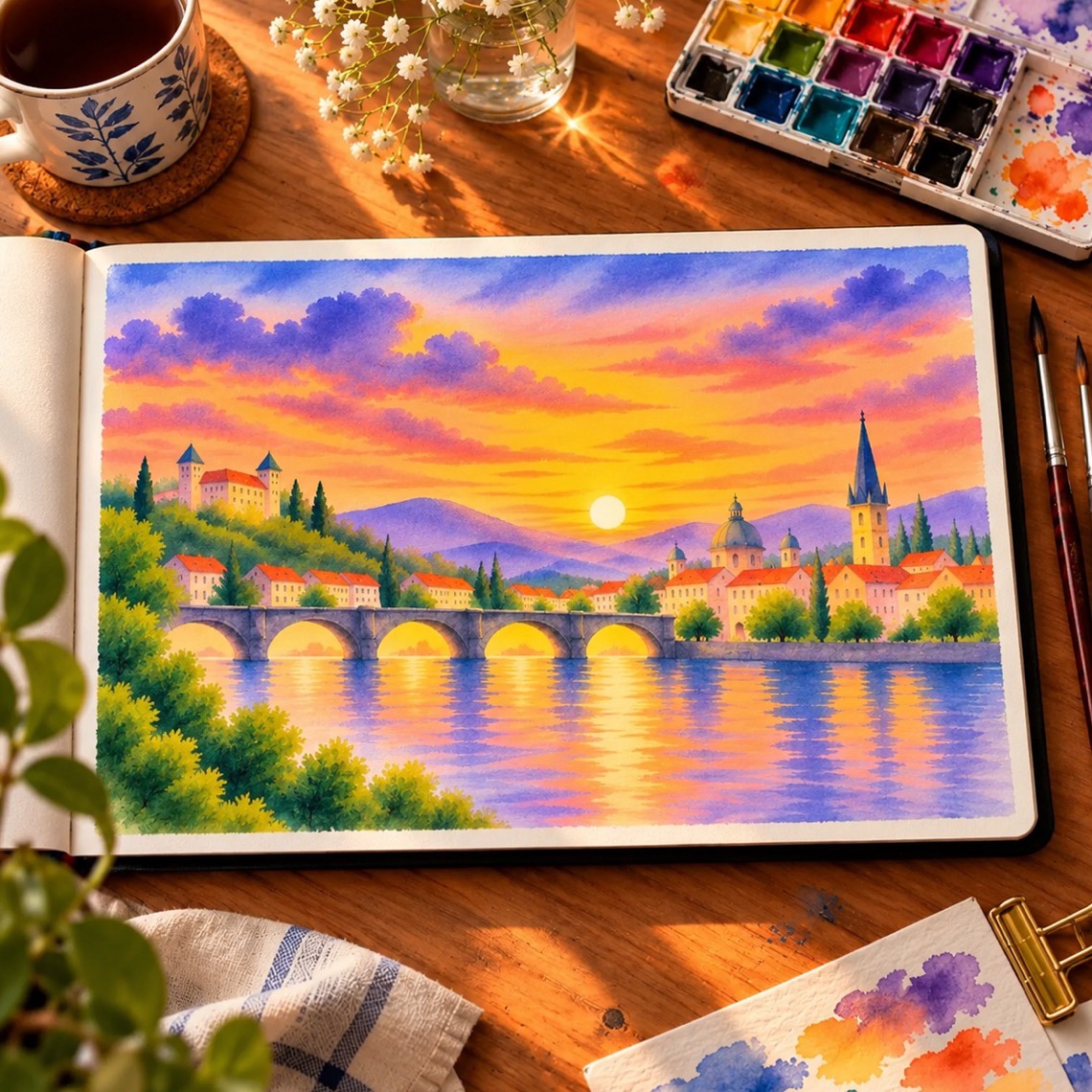 Finished sunset skyline watercolor in an open sketchbook on a sunlit desk with tea, flowers, a paint palette, brushes, and color swatches.