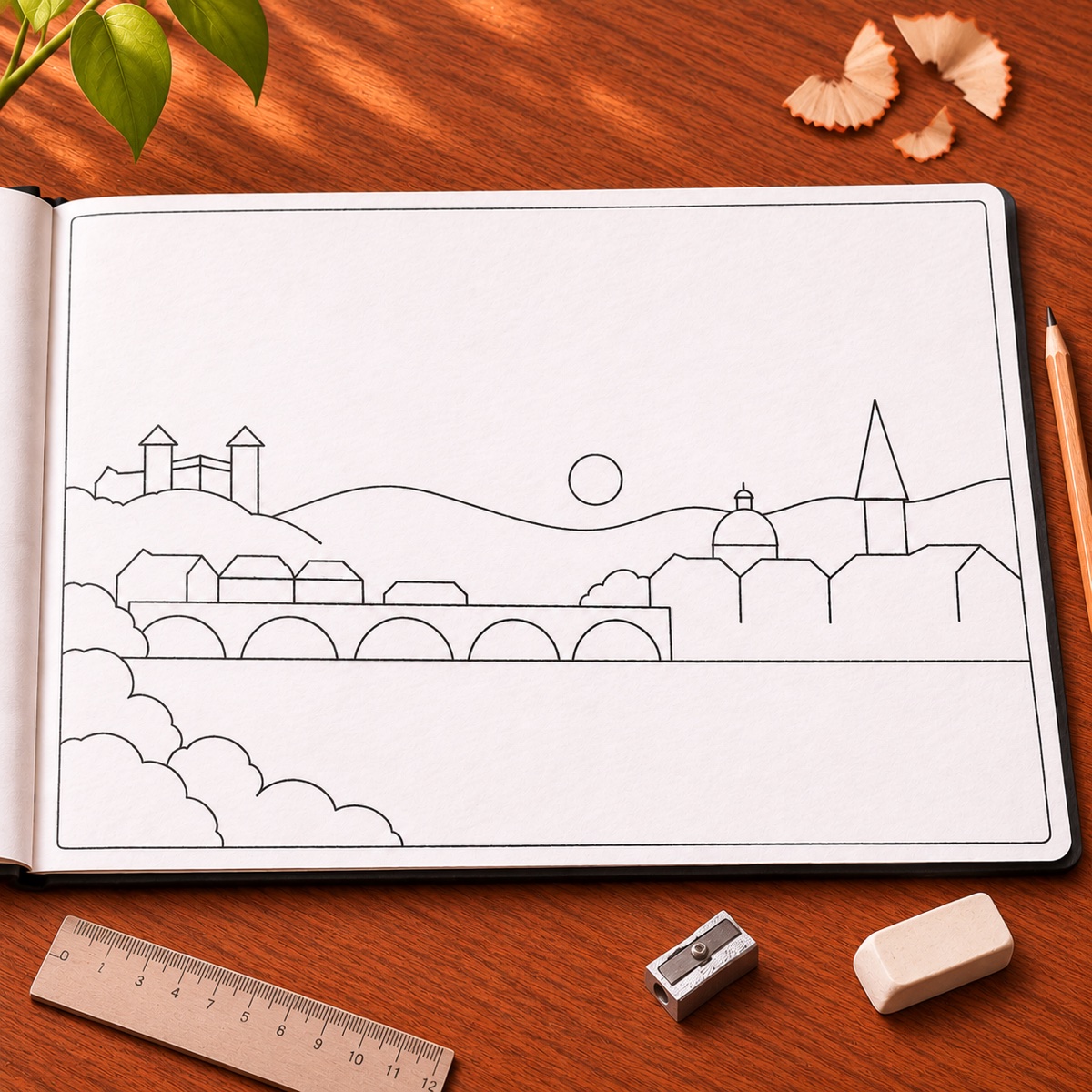 Clean pencil outline of a hilltop castle, bridge, domes, and church spire in an open sketchbook with ruler, sharpener, and eraser.