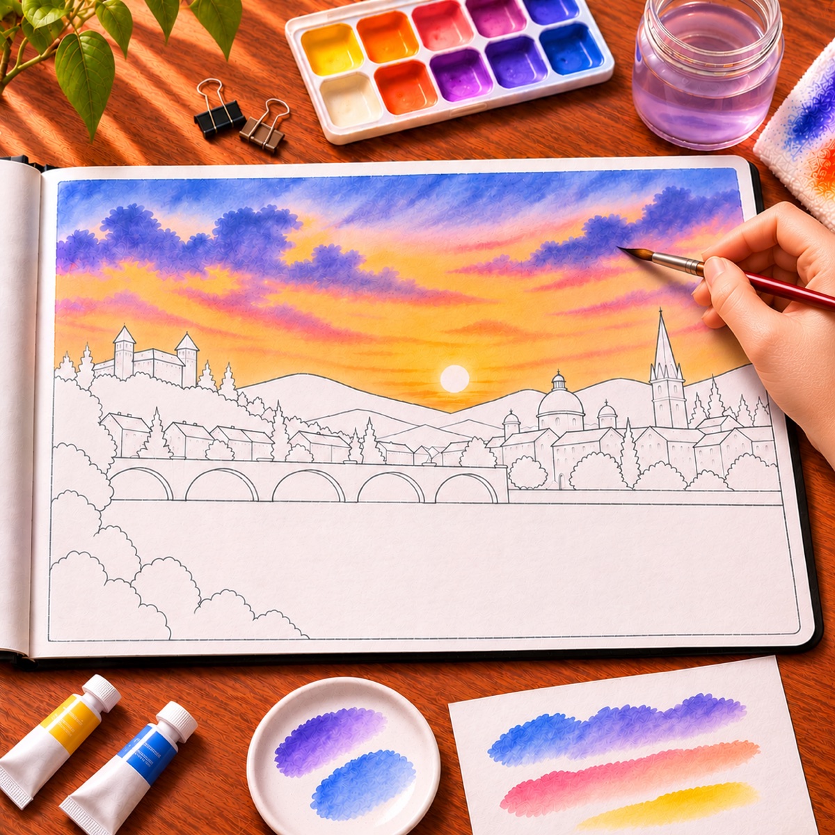 Hand adding soft purple clouds to the glowing sunset sky above the outlined skyline.
