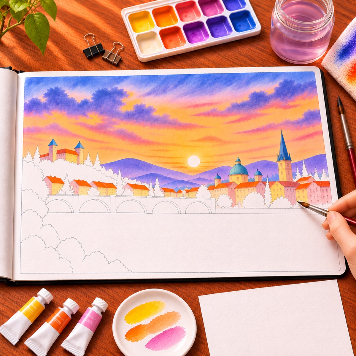 Hand painting warm rooftops, domes, and distant purple hills along the sunset skyline.