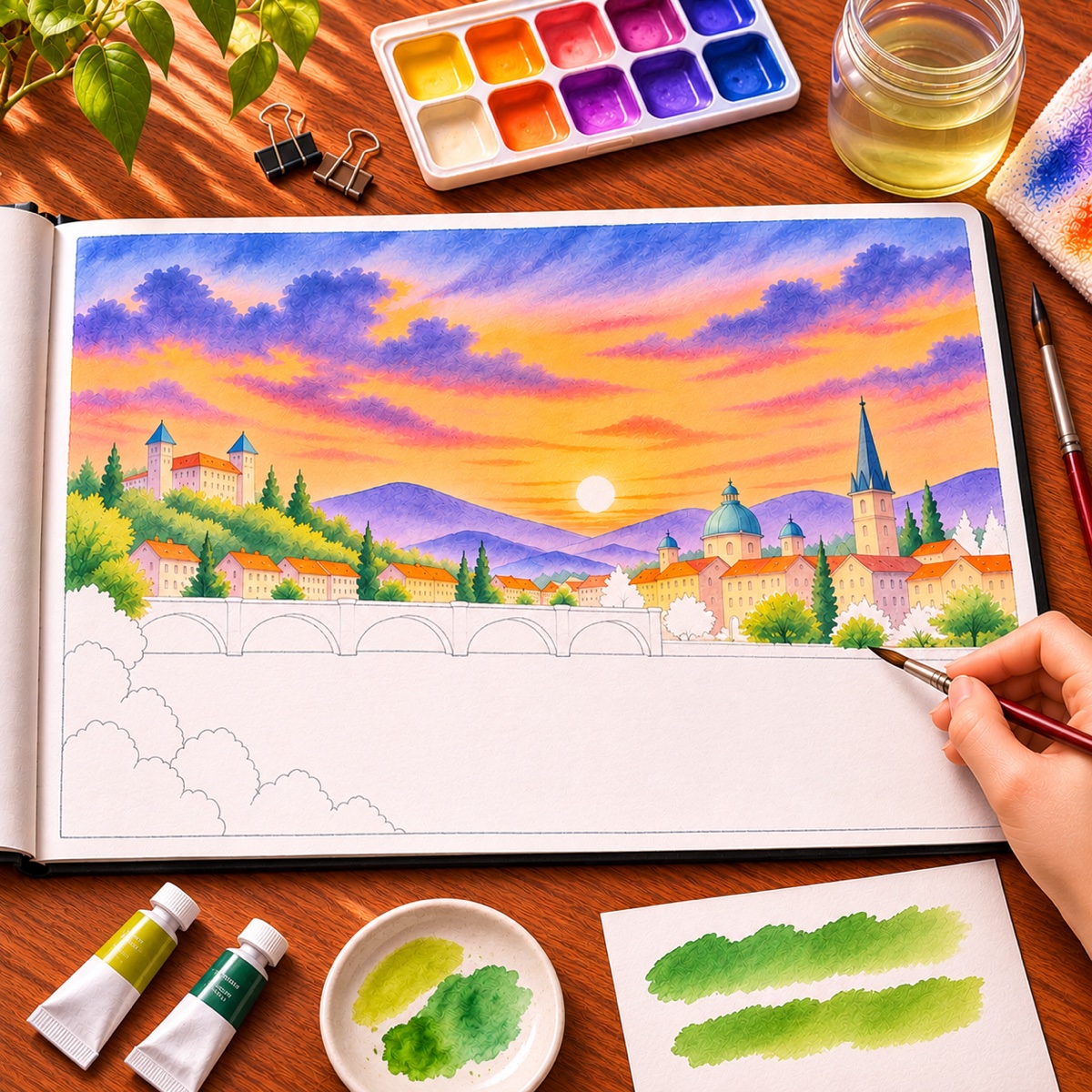 Hand adding green trees and hillside foliage around the painted town and bridge.