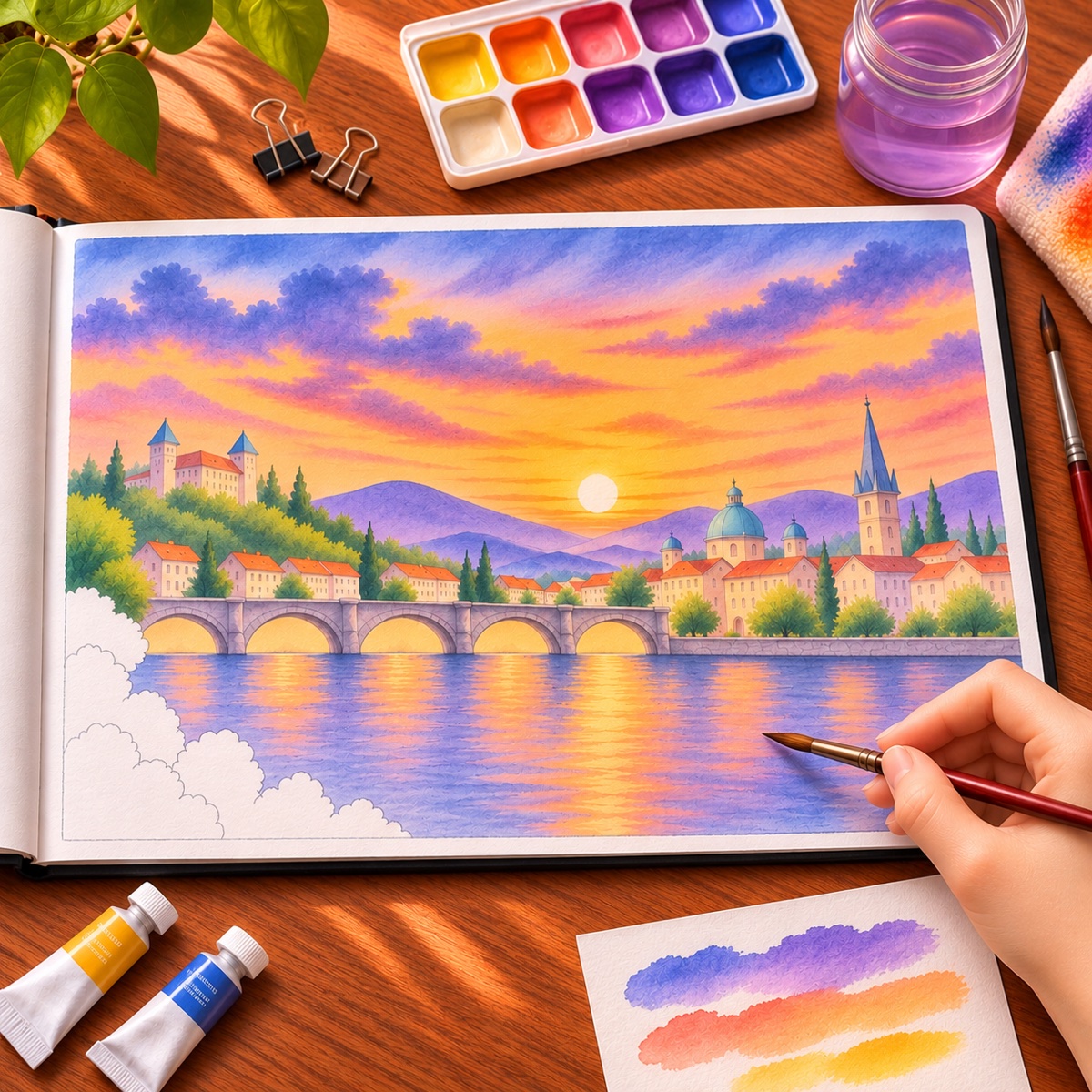 Nearly finished pastel sunset skyline with glowing river reflections, ready for final details.
