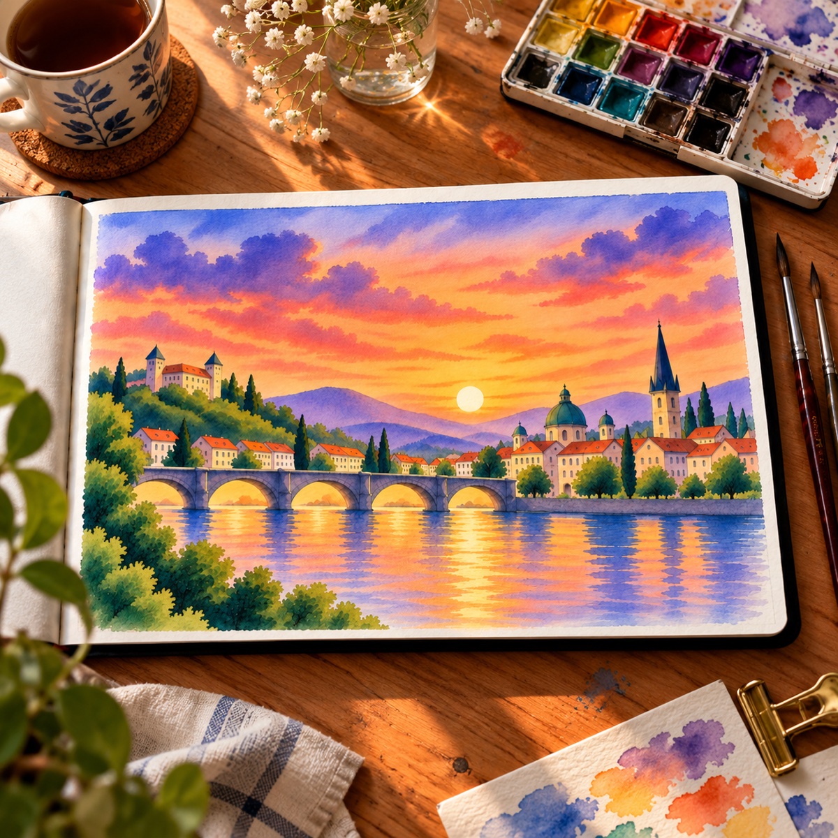 A sunset riverside skyline painted in an open sketchbook on a sunlit desk beside watercolor paints, brushes, flowers, and a cup of tea.