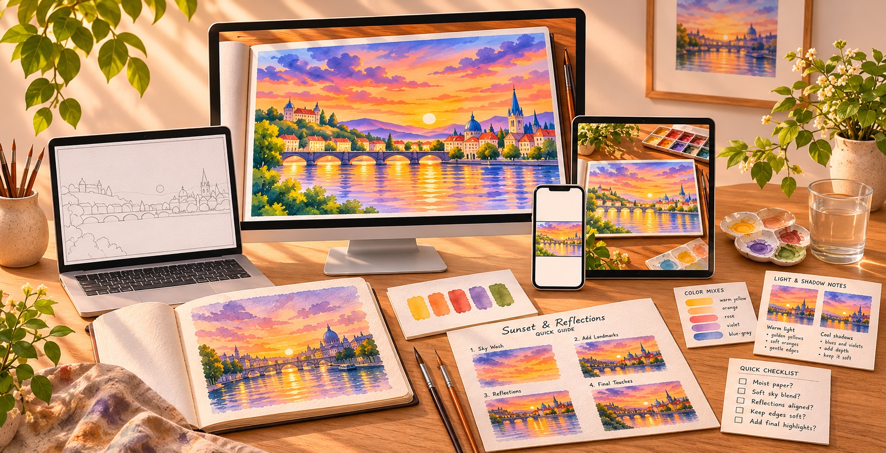 Sunset skyline artwork displayed across a desktop, laptop, tablet, and phone, alongside a painted sketchbook, color swatches, and creative guide sheets. Devices and printed previews are illustrative; all products are digital.